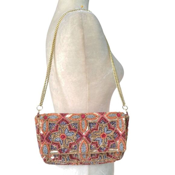 Lulus Women's Floral Coral Gold Multi Clutch Shoulder Chain Bag Party Cocktail - Picture 4 of 8